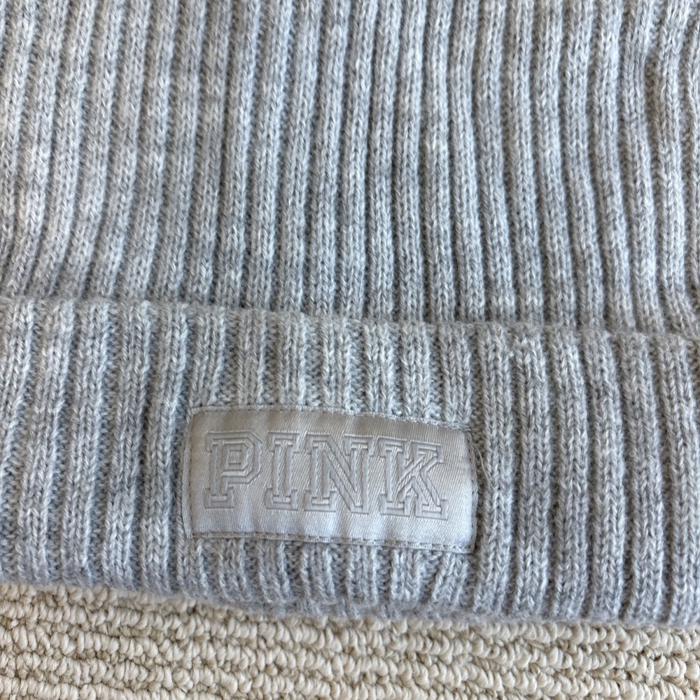 Victoria Secret Pink Beanie Hat Gray ribbed cute acrylic winter - Picture 2 of 7